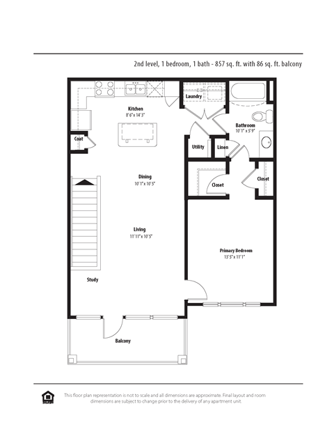 Floor plan for 1 bed, 1 bath, 888 sqft